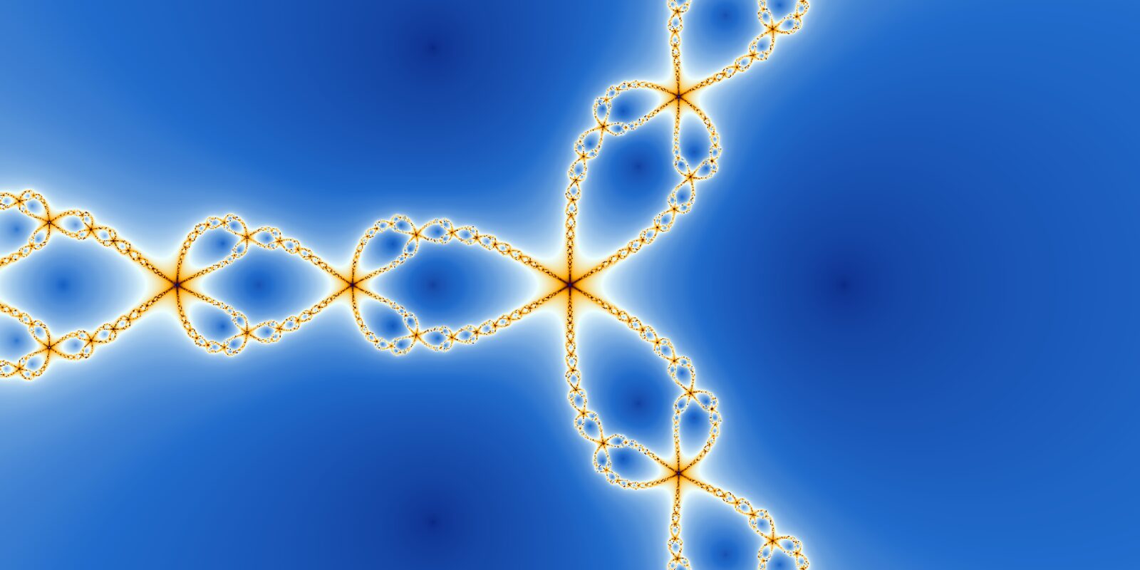 Newton fractal for z cubed minus one, gold chains of tiny loops branching across a blue background